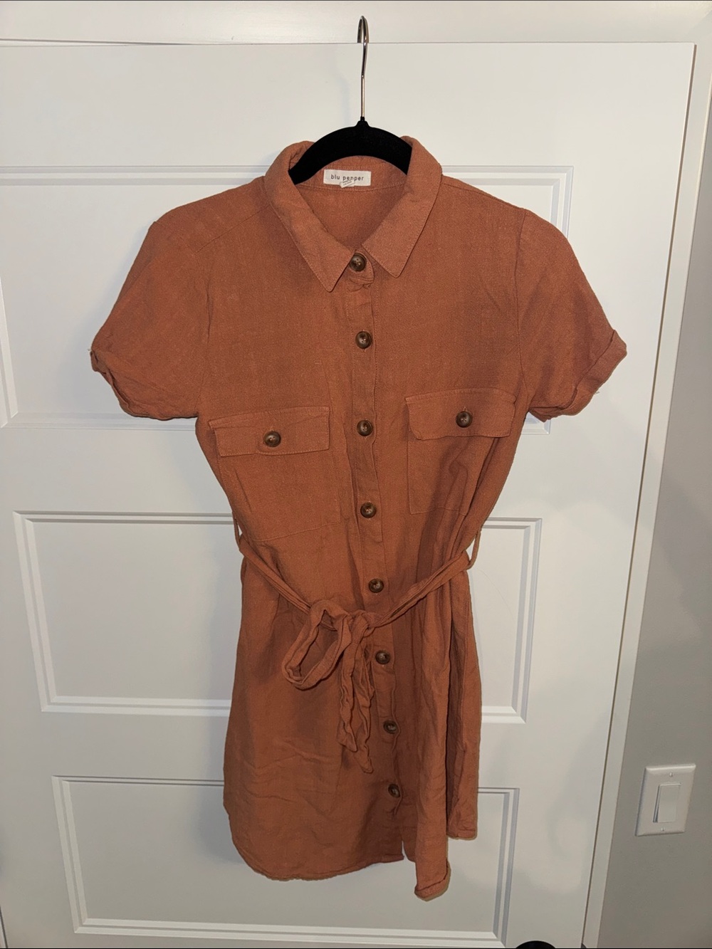 Blu Pepper Short-Sleeve Shirt Dress in Rust Orange